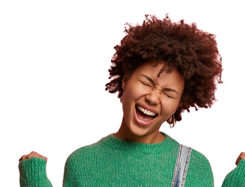 Happy woman with curly hair wearing green sweater